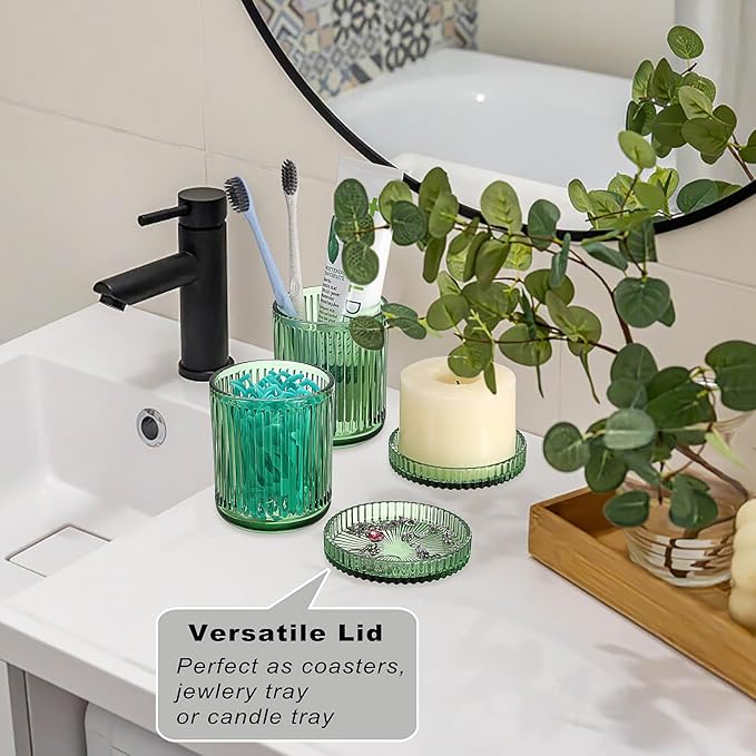 2 Pack Glass Qtip Holder with Lid, Qtip Dispenser Bathroom Storage Jars- Glass Apothecary Jars for Cotton Ball, Swab, Pads, Floss Picks, Bathroom Accessories Organization and Vanity Organizer(Green)