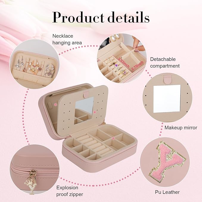 TopPerfekt Travel Jewelry Case Travel Jewelry Box With Mirror, Jewelry Organizer Bridal Shower Gifts To Her, Earring Travel Case, Trendy Gift for Women and Girls (Y, Pink)