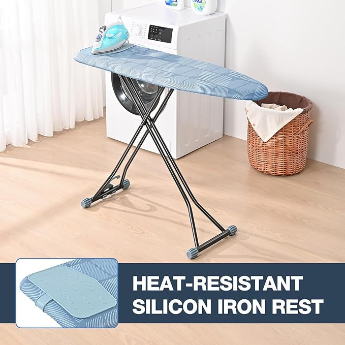 APEXCHASER Ironing Board with Iron Rest, Compact and Space Saver Iron Board, Extra Thick Cover, Height Adjustable, Wall Mount & Closet Hanger 13x43 Blue