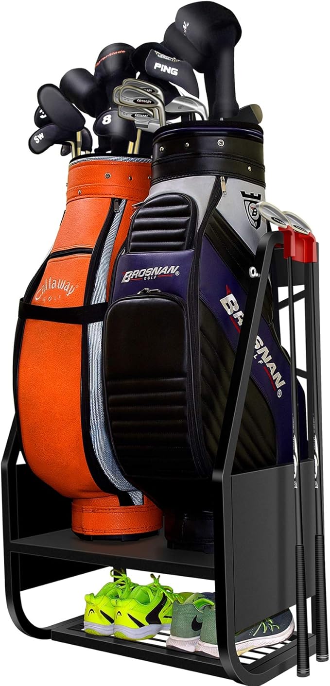 WALMANN Wall Mount Golf Bag Organizer Extra Large 2 Golf Bags Stand Golfing Equipment and Accessories Storage Rack for Garage Shed Basement