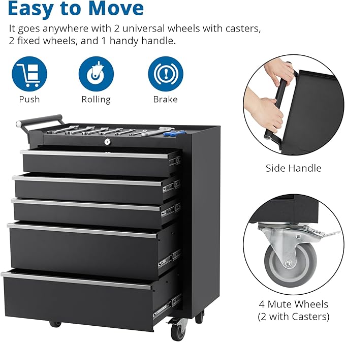 5-Drawer Rolling Tool Chest Organizer with Lockable Wheels, Heavy-Duty Storage Cabinet with Smooth Sliding Drawers, Protective Liner & Side Handle, Ideal for Garage, Workshop, Warehouse, Black