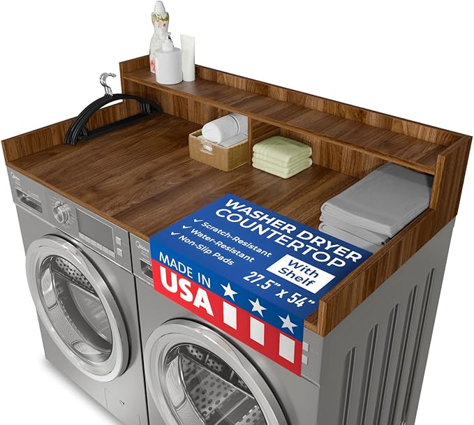 OfficeSimpli Washer Dryer Countertop with Shelf - 27.5 x 54 Inch - Made in USA Laundry Countertop Over Washer and Dryer with Non-Slip Pads, Storage Shelf, Laundry Topper Organizer, California Walnut