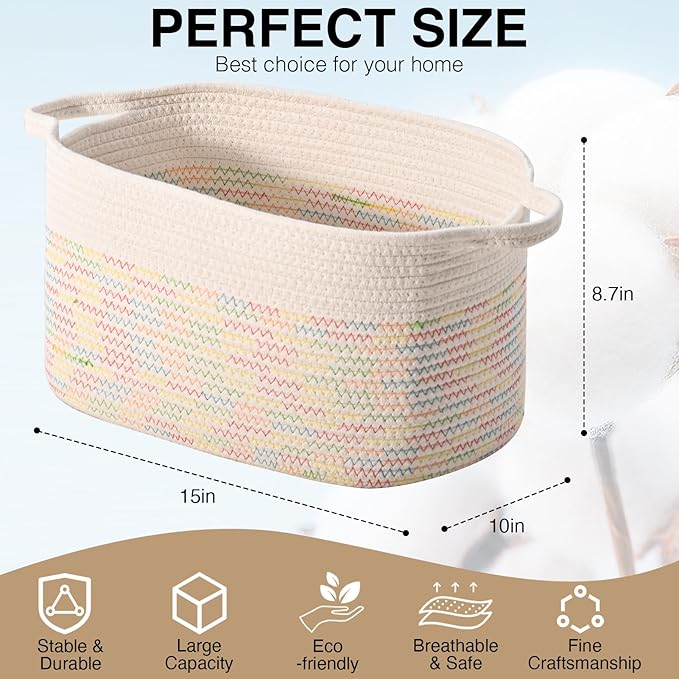 DUHEL Cotton Rope Woven Storage Basket, Used for Baby Hamper Toy Organizer, Gift Baskets Empty,Kids Laundry Basket,Baby Blanket Basket. Size 15x10x8.7 Inches. (White&Colored Stitching-3Pcs)