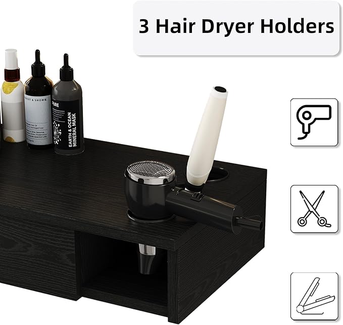 4ever2buy Salon Stations for Hair Stylist, Wall Mount Barber Station with Barber Cabinet, Hair Station Equipment Hair Dryer Holder, Drawers, Mirror not Included, Black