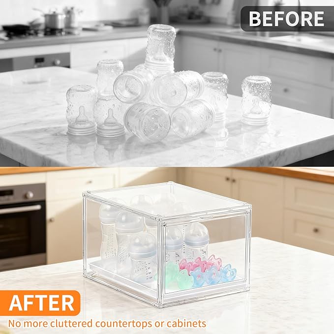 YESGIRL 2 Packs Clear Baby Bottle Organizer,Clear Stackable Acrylic Storage With Drawer for Countertop Cabine Storage Station Case Box Container for Nipples Pump Parts Food Jars