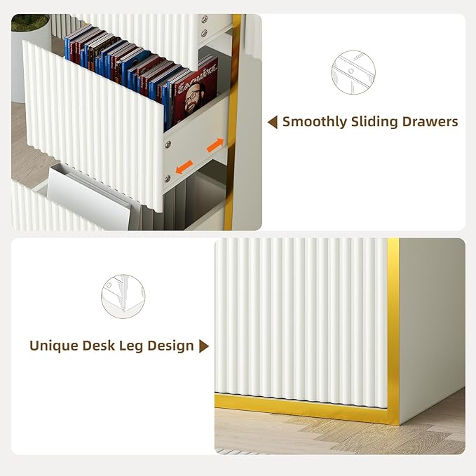 4 EVER WINNER White Desk with Drawers with Hidden Handle, 47 Inch Computer Table with Storage File Cabinet, Wood Desks with Drawers Vanity Writing Table for Study, White and Gold Desk