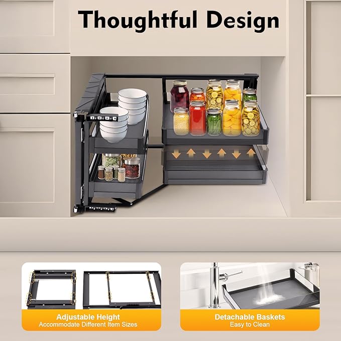 Blind Corner Cabinet Pull Out Organizer, 14 Inch 2 Tiers Pull Out Shelf with 4 Tempered Glass Baskets, 33 lbs Capacity per Basket, Adjustable Kitchen Storage for Corner Cabinet