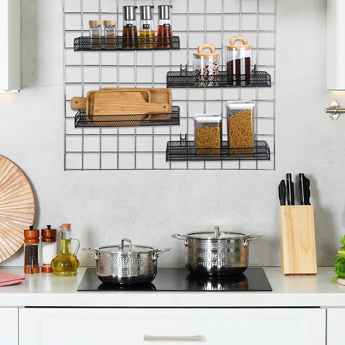 4 Pcs Black Metal Grid Wall Baskets with Hooks Hanging Wire Mesh Basket for Gridwall Wall Mounted Storage Organizer for Home Kitchen Organizing Display
