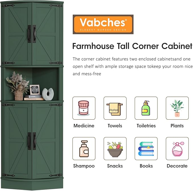 Vabches 64.8" Tall Farmhouse Corner Cabinet with 4 Doors and 5 Storage Shelves, Farmhouse Storage Cabinet with Barn Door Design, Home Space Saver for Living Room, Kitchen, Laundry Room,Green