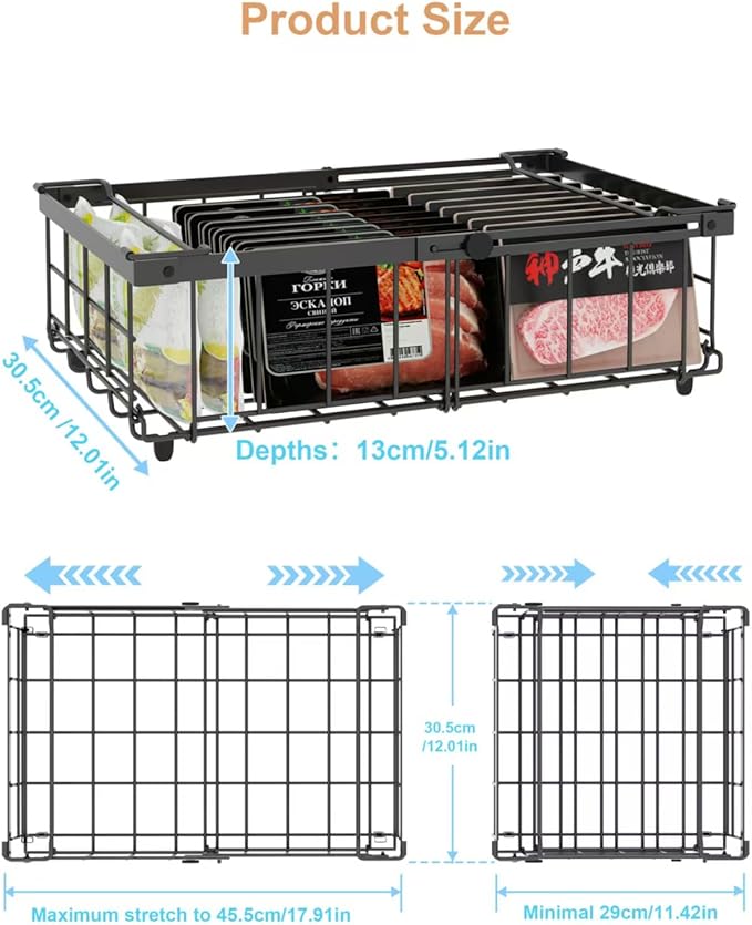 UMDONX 4 Pack Expandable Freezer Organizer Bins Large Freezer organizer Bins Stackable 11.4" Expand to 17.9", Fit 10 to 20 Cu.FT Black