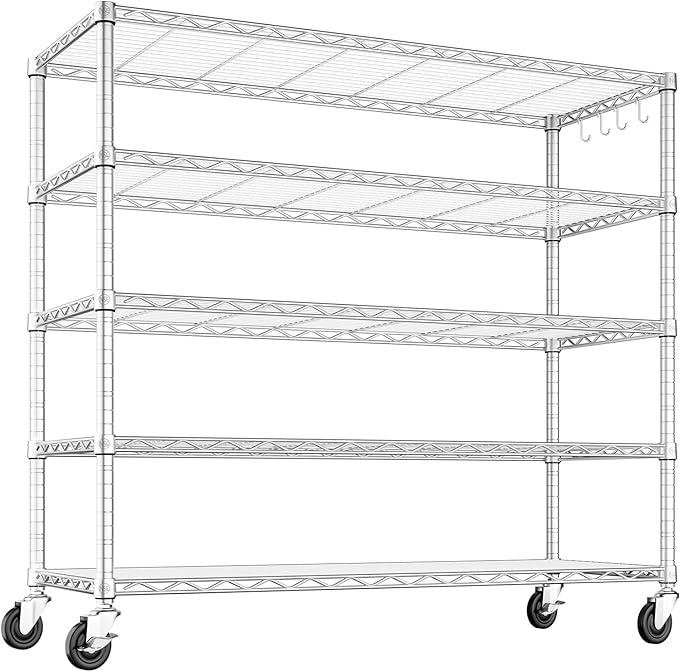 PrimeZone 5 Tier 48" Wx24''Dx81''H Wire Shelving with Wheels 3000lbs NSF Certified Storage Shelves Heavy Duty Metal Shelf Adjustable Rolling Rack Commercial Garage Restaurant Warehouse Kitchen Chrome