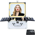 Makeup Organizer Box with Detachable Lighted Mirror, Travel Train Cosmetic Case, Adjustable Divider Storage Bag, Portable Artist Storage Suitcase with Magnetic LED Mirror - Star White