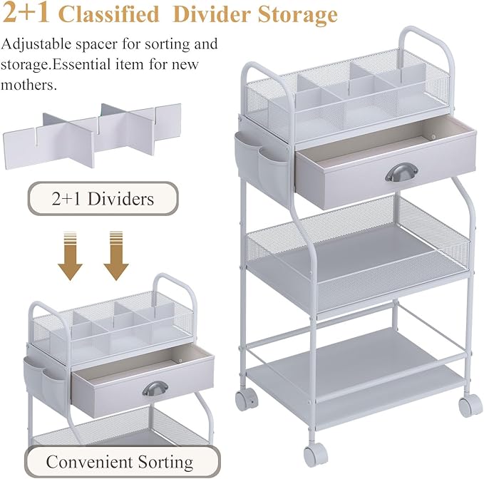 Baby Diaper Caddy Cart Organizer -3 Tier, Bedside Nursery Essentials Cart & Storage Holder for Newborn Baby Stuff, 2+1 Dividers, 1 Drawer,Rolling Utility Cart for Bedroom,Changing Table, Crib.