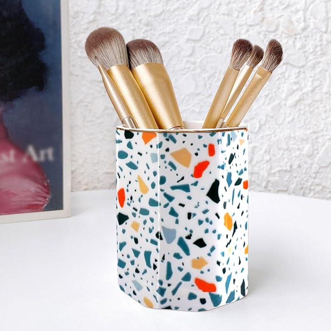 Pen Holder, Makeup Brush Holder Ceramic Shiny Gold Terrazzo Marble Stone Pattern Pencil Cup for Girls Kids Women Durable Stand Desk Organizer Storage Gift for Office, Classroom, Home Colorful
