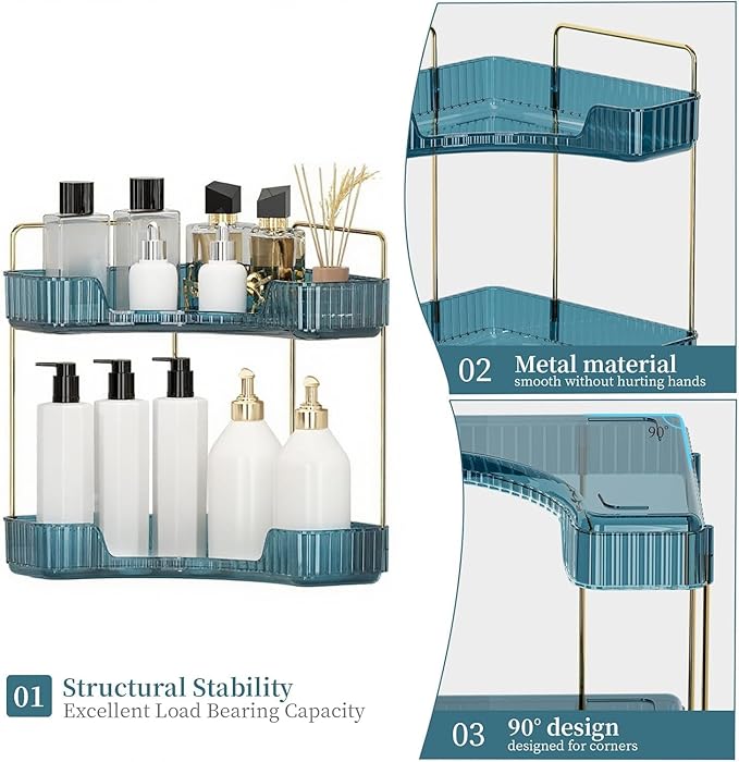 Corner Bathroom Countertop Organizer, Vanity Organizer Trays for Counter, Makeup Organizers, Perfume Tray, Skincare Shelf Storage Gifts for Women Girl Student (Blue, 2 Tiers)