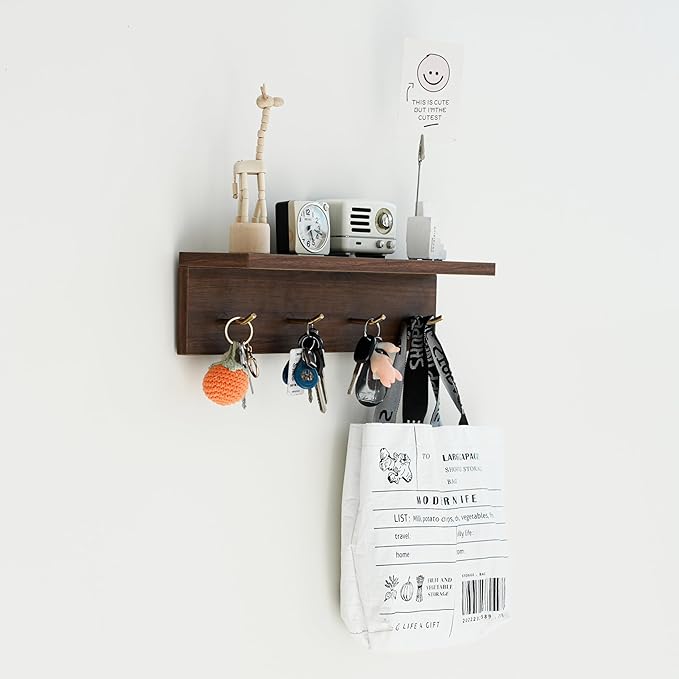 Entrance Coat Rack ，Coat Hooks, Wall-Mounted Wooden Hook Rack, Wall-Mounted Shelves，Key Hook for The Wall，Key Hook (Walnut Color Veneer-c)
