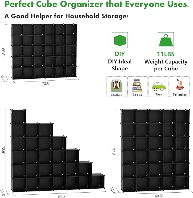 C&AHOME Cube Storage Organizer, 30-Cube Shelves Units, Closet Cabinet, DIY Plastic Modular Book Shelf, Ideal for Bedroom, Living Room, Office, 60.6" L x 12.4" W x 72.6" H Black UPCS30H