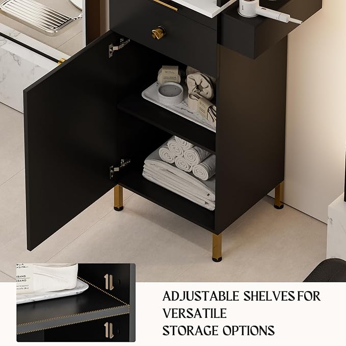Salon Stations for Hair Stylist, Barber Station w/Glass Shelf & Golden Handles, Hair Salon Station Beauty Salon Spa Equipment w/6 Hair Dryer Holders, 2 Storage Cabinet & Drawers(Black)