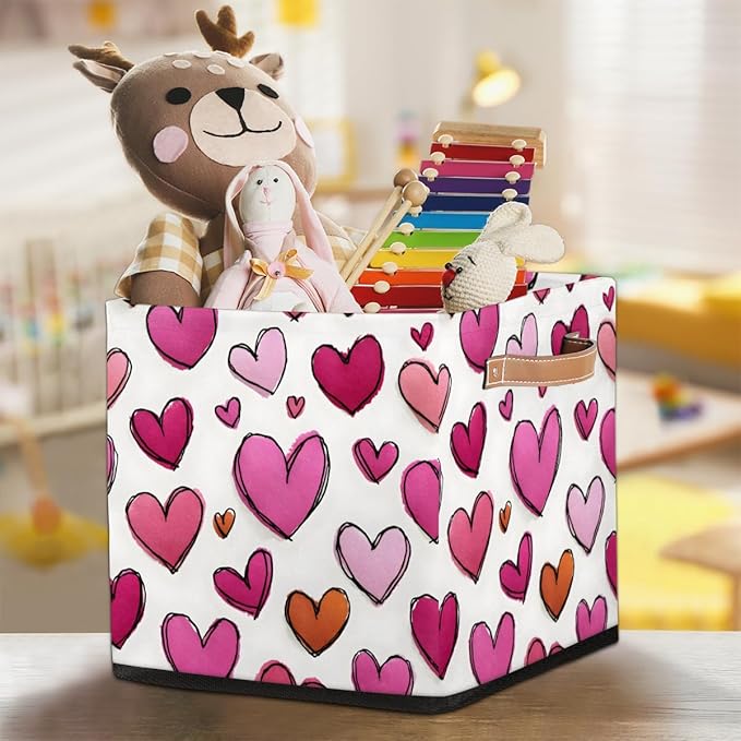 TropicalLife 13x13x13 Inch Large Fabric Storage Cube Love Hearts Foldable Storage Bin with Handles Organizer Boxes Cube Basket for Shelves Organizing Closet