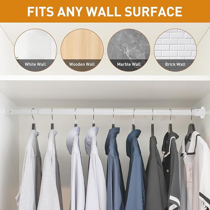 White Adjustable Closet Rod 18-92 Inches, Heavy Duty Metal Clothes Hanging Rod, Rust-Proof Non-Slip Wardrobe Bar for Closet, Laundry Room, RV