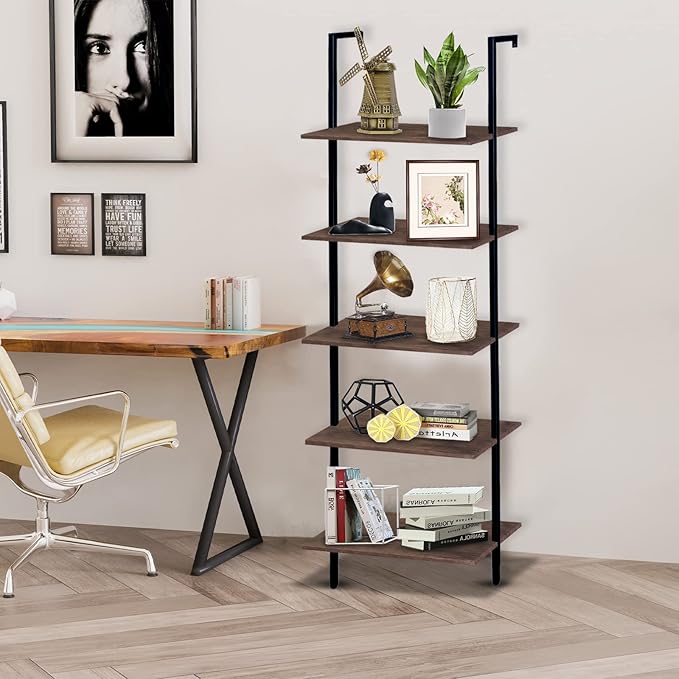 5 Tiers Ladder Shelf 2-Piece Black Modern Tall Bookshelf Open Large Tall Wall Mount Storage Bookcase Standing Leaning Wall Shelves Industrial Decorative (Brown)