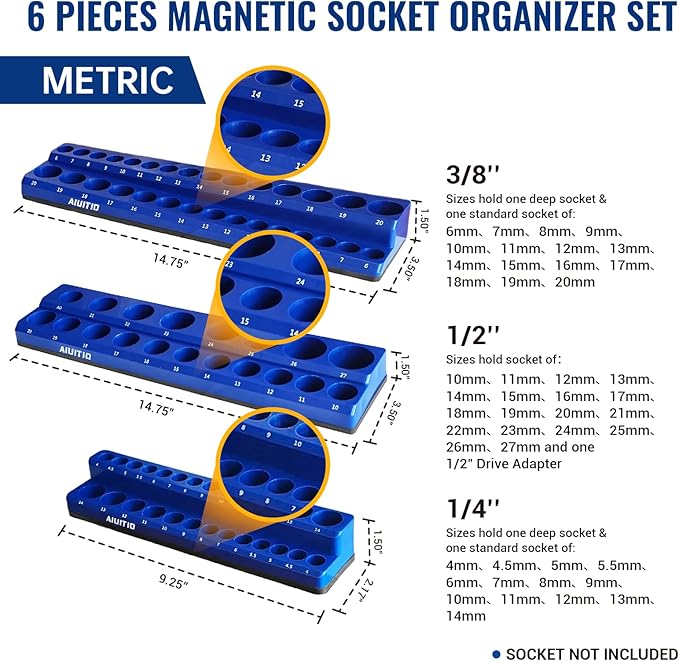 6-Piece Magnetic Socket Organizer Set, Magnetic Socket Holder Includes 1/4", 3/8", 1/2" Drive Metric SAE Socket Trays,Holds Standard and Deep Sockets (6-Piece Magnetic Socket Organizer)