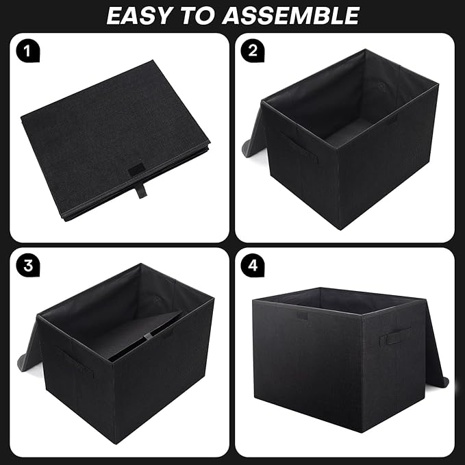Large 17" 42 Quarts Collapsible Stackable Storage Bins with Lids [3-Pack] Foldable Fabric Linen Storage Boxes Cube, Closet Organizer Baskets with Label (16.7 x 12 x 12, Black)