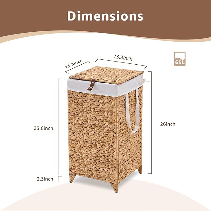 Laundry Hamper with Lid and Removable Liner Bag, Handwoven Natural Hyacinth Clothes Hamper with Heightened Feet, Wicker Laundry Basket for Clothes and Towels，Small