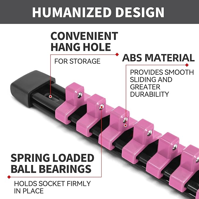 Socket Organizer Drive ABS Tools - Pink Socket Holder, Premium Quality 9 Pieces Socket Holders Kit 1/4-Inch x 48 Clips, 3/8-Inch x 45 Clips, 1/2-Inch x 36 Clips