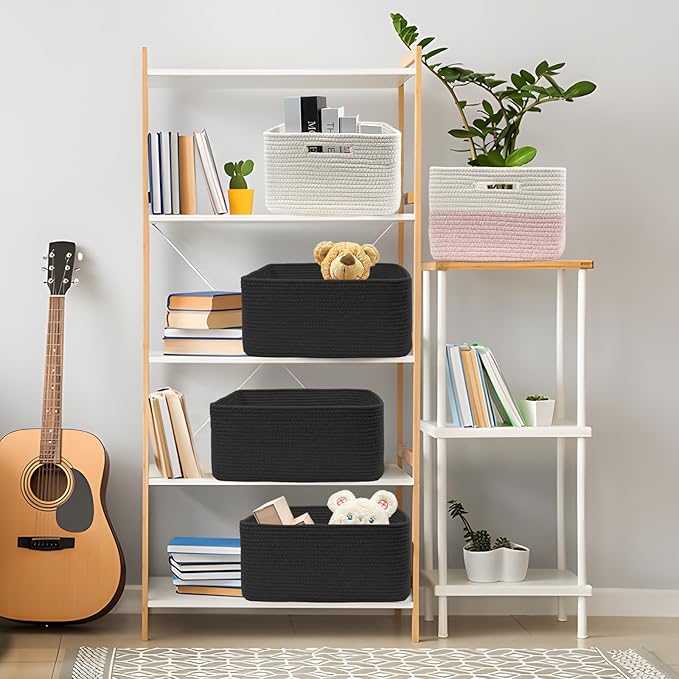 COMFY-HOMI Cotton Rope Woven Basket with Handles for Shelves,Toys,Book, Cloth Storage Baskets Bin for Organizing- 1 PCSToy Decorative Organizer for Living Room, Bathroom 17" x 13" x 7.5" - All Black