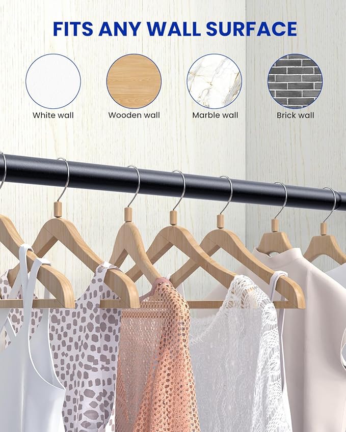 Closet Rods for Hanging Clothes, 17 to 54 Inches Stepless Adjustable Metal Closet Rod, 1.3 Inches Heavy Duty Clothes Hanging Rod for Closet Wardrobes Laundry RV, Black