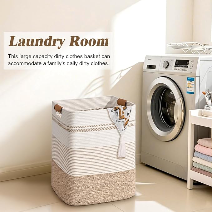 Laundry Hamper, 85L Tall Laundry Basket with Leather Handles, Rectangle Large Clothes Hamper for Organizing, Cotton Woven Laundry Baskets Storage Hampers for Bedroom, Nursery, Living Room