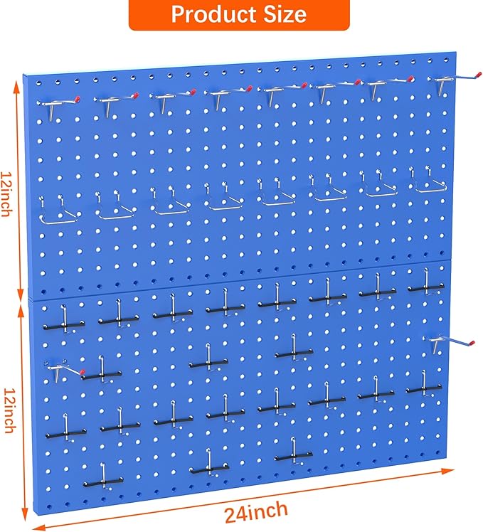 TORACK Metal Pegboard Wall Organizer 24" x 24" or 12" x 48", 70 PCS Tools Storage Pegboard for Garage Tool Organizer Pegboard with Peg Board Hooks for Workbench(Blue)