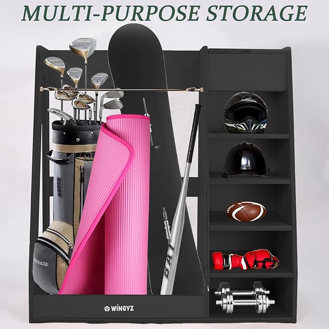 wingyz Wooden Golf Storage Organizer for Garage Fits 2 Bags for Any Level Golfer Great Gift, Golf Bag Rack Club Holder with 12-Ball Display Rack and 5 Shelves for Equipment Accessories