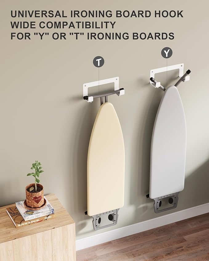 2PC Ironing Board Hanger Wall Mount Stainless Steel, Y T Leg Ironing Board Holder Wall Mount for Laundry Room, Iron Board Hooks for Wall Heavy Duty White