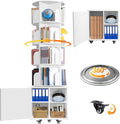 6 Tier Rotating Bookshelf Spinning Bookshelf Tower 360° Revolving Bookcase with Storage Cabinet Corner Organizer Storage Round Carousel with Wheels, White