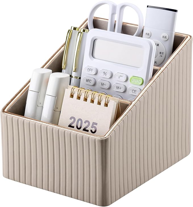 KINGFOM 3 Slot PU Leather Remote Controller Holder, Home Sundries Storage Box, TV Guide/Mail/CD Organizer/Caddy/Holder with Free Cable Desk Organizer (Dark Beige)