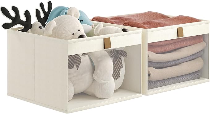 Linen Closet Organizers and Storage, Closet Storage Bins Basket Organizer, Foldable Organization Baskets with Mesh Window for Clothes Towels and Toys, 14.5" x 14.5" x 10.25", Beige, 2 pack