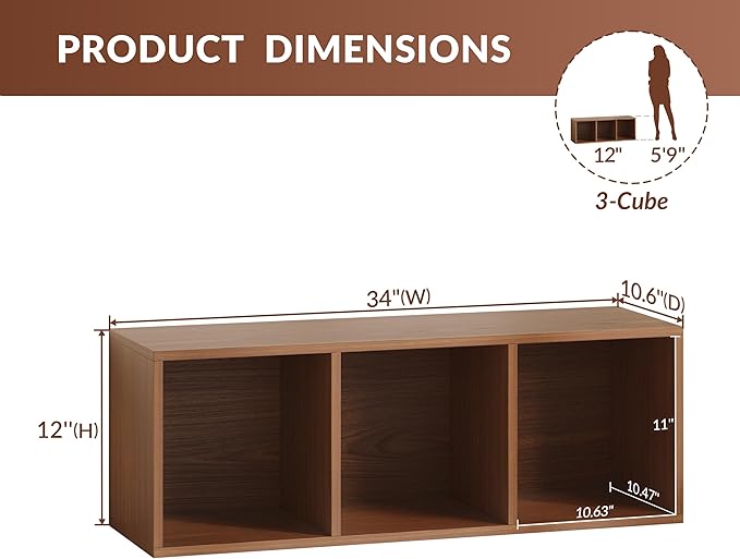 IOTXY DIY Modular Cube Bookcase - CubeXY Customizable Stackable Expandable Basic Shelving Units, 3-Cube Wooden Open Bookshelf for Fabric Storage Bin Organizer, Walnut