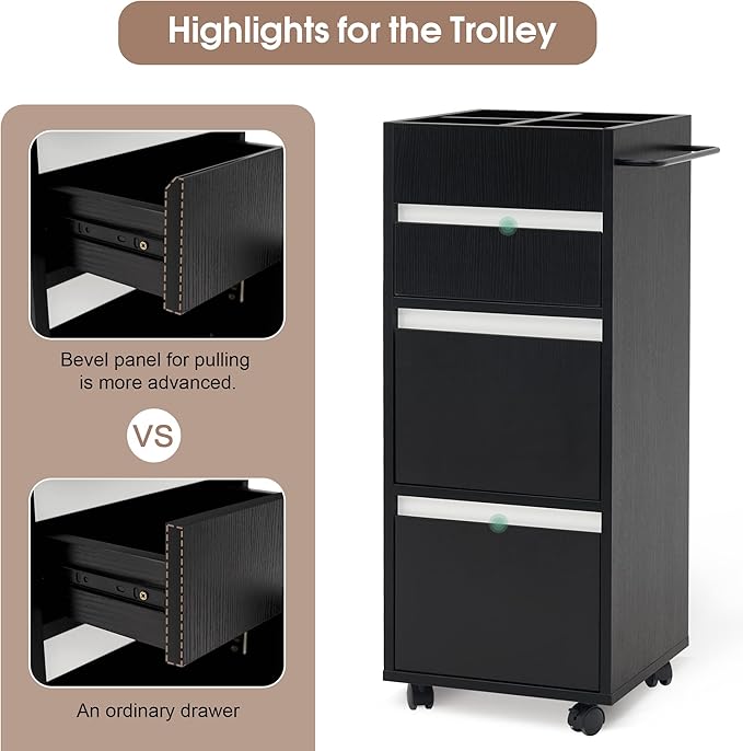 BarberPub Salon Trolley with Drawers Barber Cart Storage Cabinet Beauty Organizer Spa Equipment 2039 (Black)