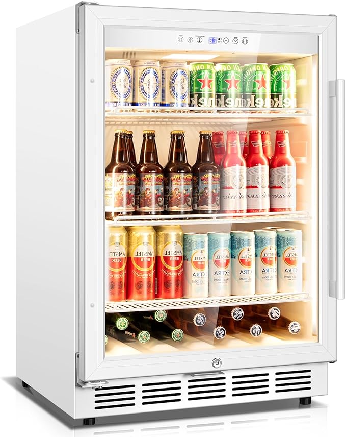 Beverage Refrigerator, 4.9 Cubic Feet Undercounter/Freestanding 24 Inch Beverage Fridge with Glass Door, LED Light, Safety Lock, Touch Control, Low Noise (White)