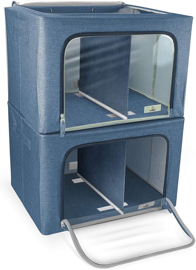Sorbus Storage Bins with Divided Interior - Large Stackable & Foldable Organizer Containers with Metal Frame, Oxford Fabric, Large Window & Carry Handles - Organization for Bedroom, Linens & Clothes