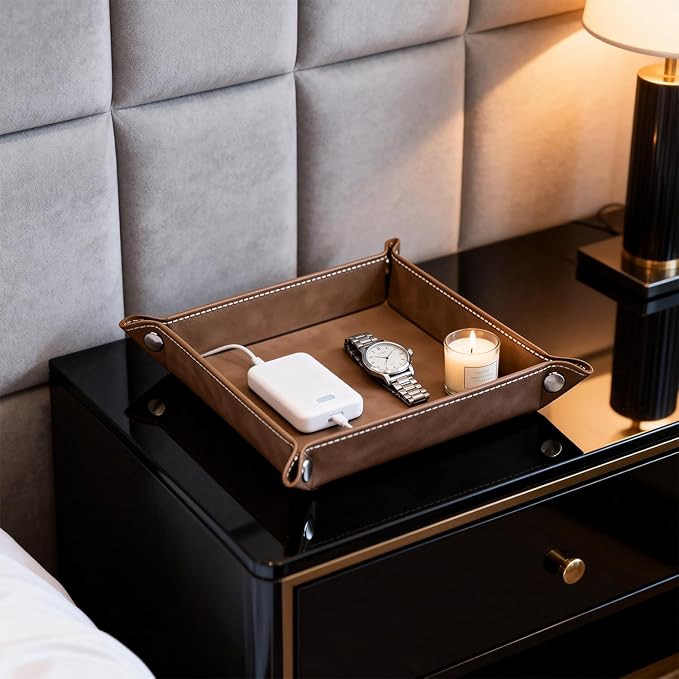 siduater Valet Tray Desktop Storage Organizer – Vegan Leather Catchall Bedside Vanity Tray Nightstand Caddy Holder for Remote Controller, Watch, Keys, Phone, Wallet, Coin, Jewelry, Stone Brown