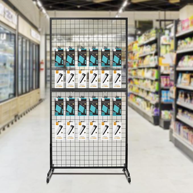 3'x 6' Gridwall Panel Display Stand with T-Base, Black Wire Grid Wall Panels with Wheels, Craft Display Rack, Art Display Stand, Retail Display, Show Rack