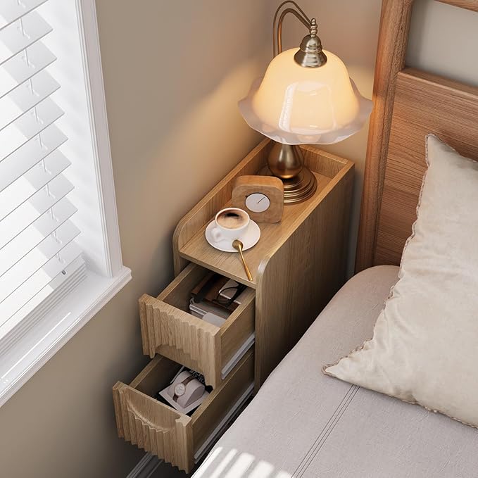 Slim Bedside Table Set of 2, Narrow Nightstand with Drawers, Fluted Wood Nightstand, Mid Century Modern End Table, Skinny Tall Nightstand, for Bedroom Natural
