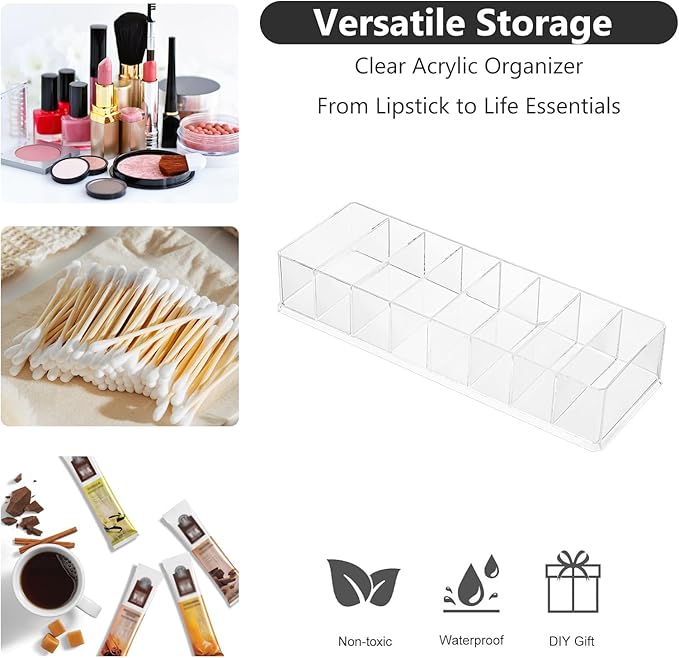 Acrylic Makeup Brush Organizers,3 Pack 8 Section 8 Compartments Transparent Plastic Lipstick Holder Clear 9.96x3.46x1.81 Inches Storage Square Cube for Bathroom Jewelry Accessories