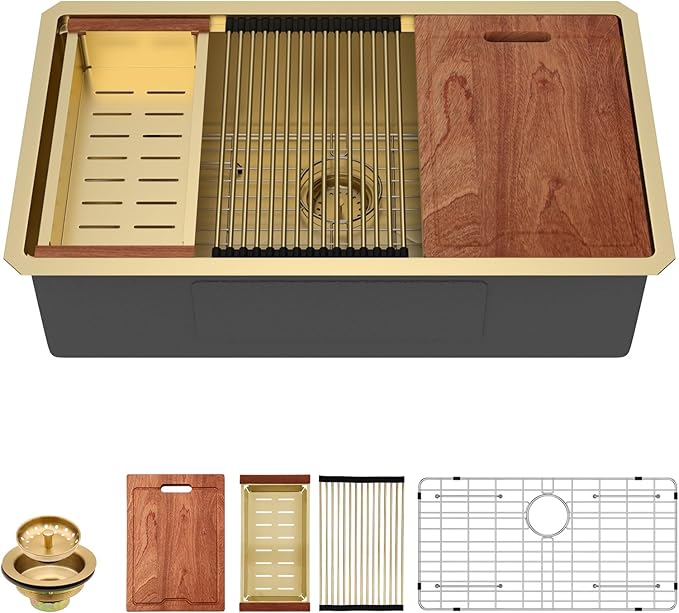 Lordear Gold Undermount Kitchen Sink 33" x 19" Stainless Steel Sinks 16 Gauge Single Bowl Ledge Workstation Handmade Under Counter Kitchen Sink Basin with Built-In Accessories