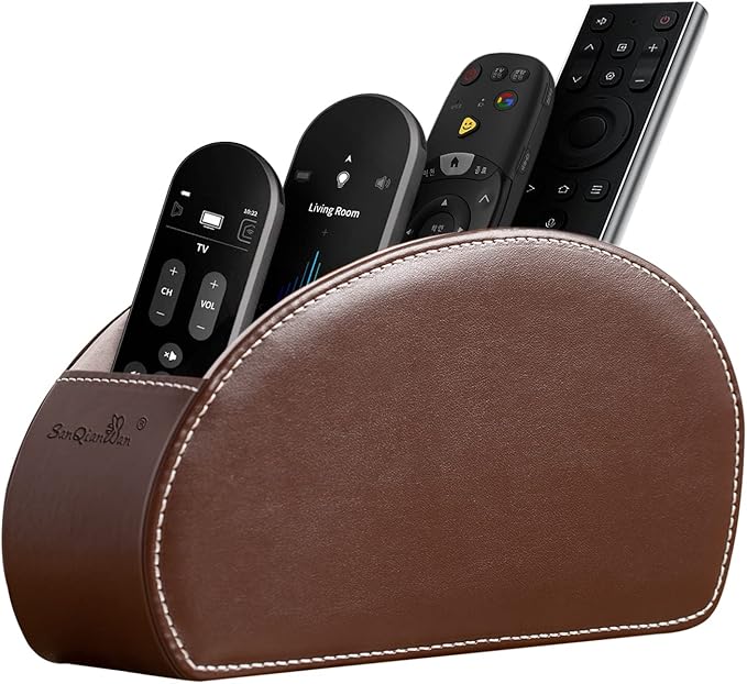 Remote Control Holder , PU Leather Organizer Box with 5 Compartments for Table Bed Office ,Remote Caddy Desktop Storage Home Accessories for Controllers , Media Player ,Make up Brush ,Pen (Brown-A)