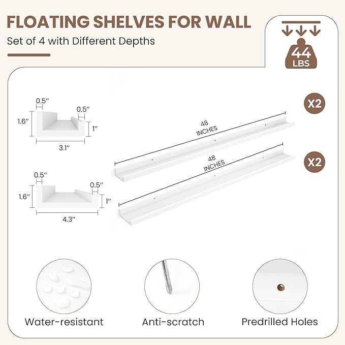 Fun Memories Picture Ledge Shelf, White Floating Shelves Set of 4, 48 Inch Picture Shelves for Wall with Ledge, Large Nursery Book Shelf for Toys Storage, Living Room, Bedroom Decor Frames