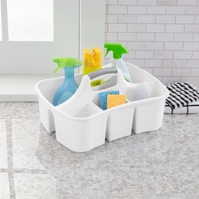 Sterilite Divided Ultra Caddy, Plastic, Portable Storage to Hold Bathroom and Cleaning Supplies, 5 Large Compartments and Handle, White, 18-Pack